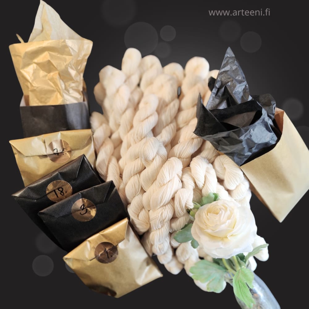 Arteenin lankajoulukalenteri 2025 sisältää 24 yksittäispakattua käsinvärjättyä minivyyhtiä merinovillasukkalankaa