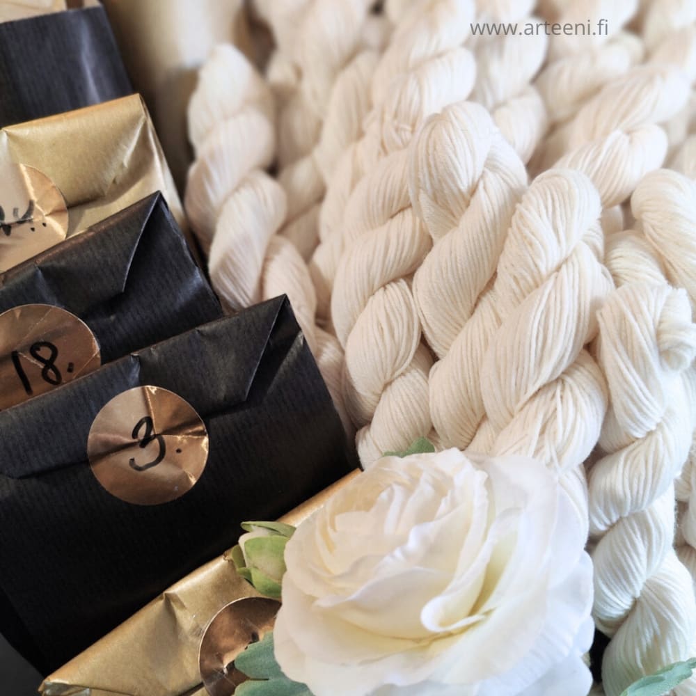 Arteenin lankajoulukalenteri 2025 sisältää 24 yksittäispakattua käsinvärjättyä minivyyhtiä merinovillasukkalankaa